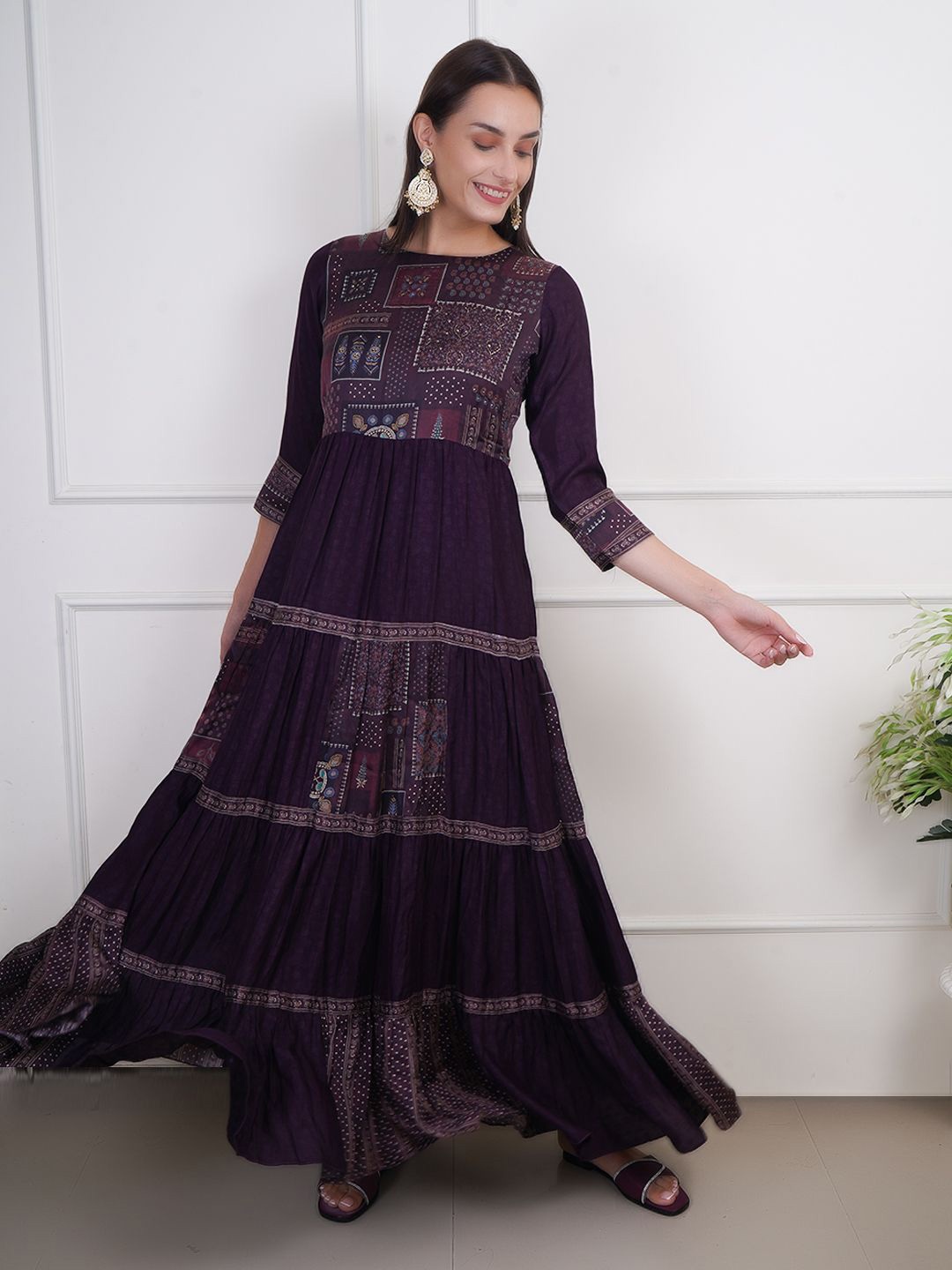 

Adwitiya Geometric Embellished Georgette Fit and Flare Maxi Dress, Purple