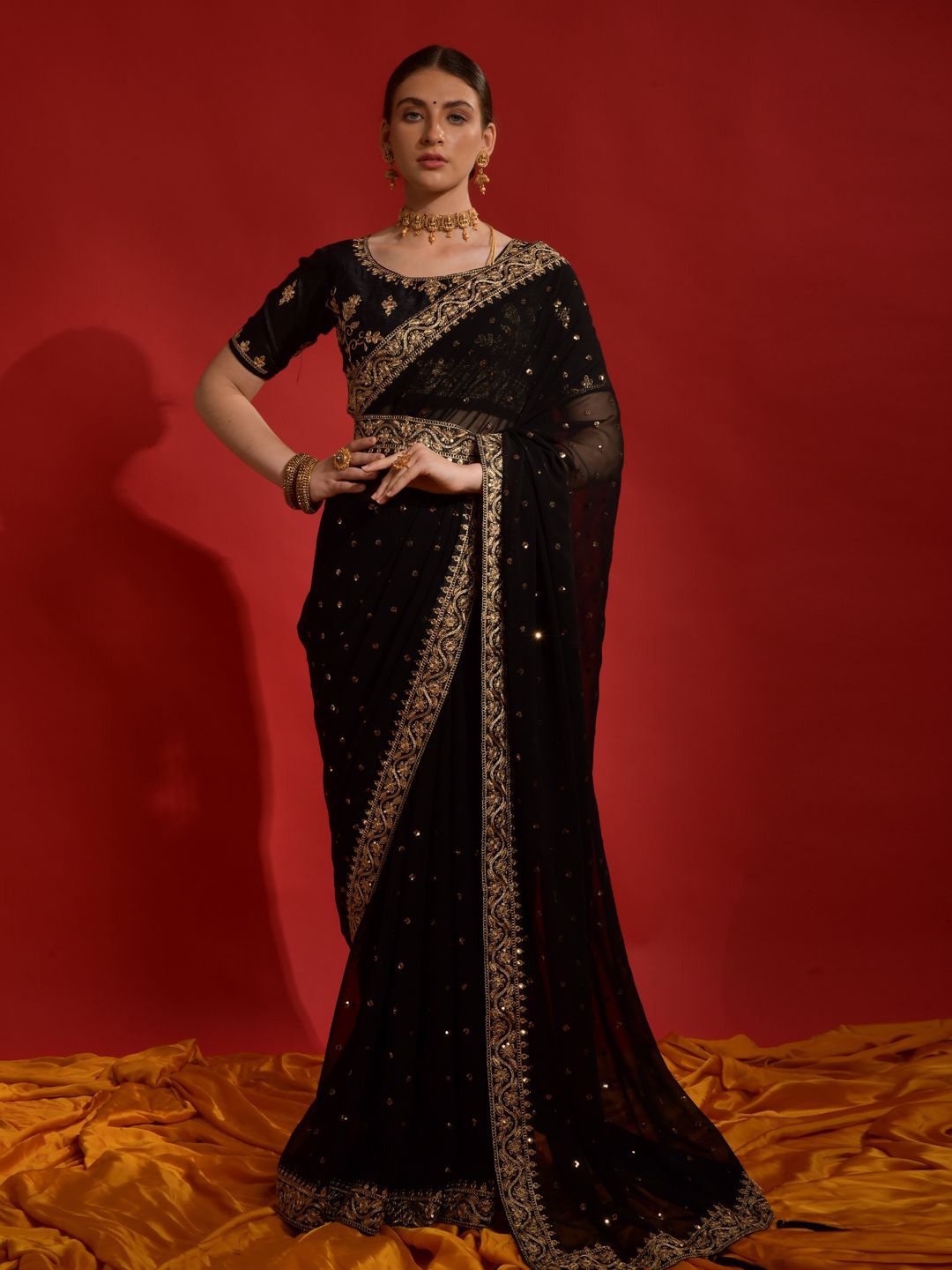 

Krimmple Floral Embroidered Pure Georgette Fusion Saree, Black