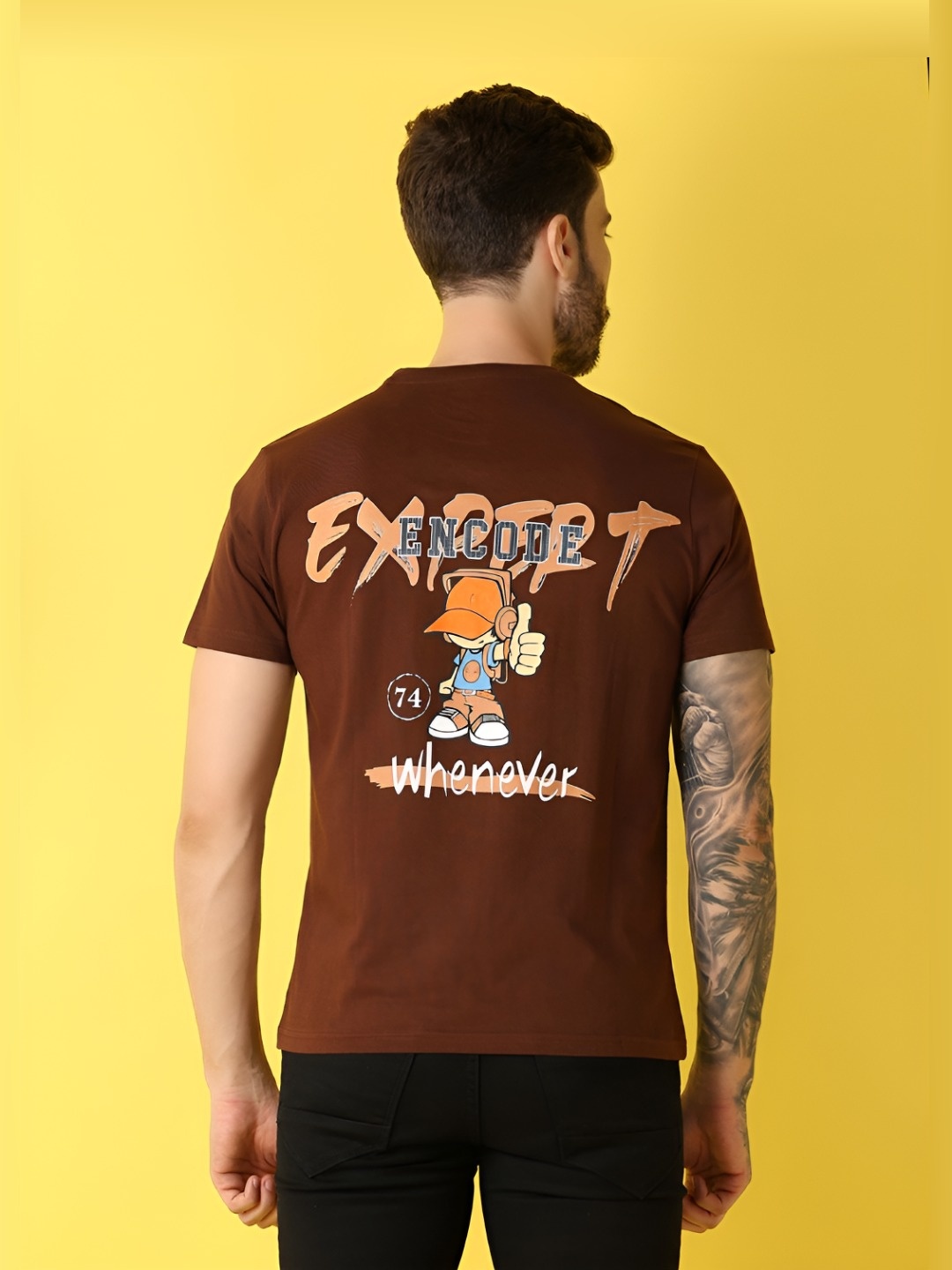 

V-Mart Men Graphic Printed Round Neck Cotton Slim Fit T-shirt, Brown