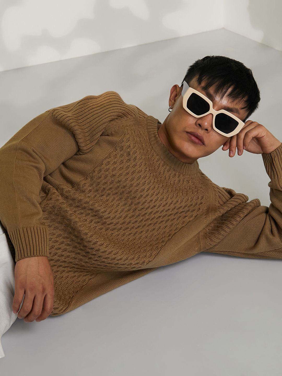 

Campus Sutra Men Cable Knit Woollen Pullover Sweaters, Brown
