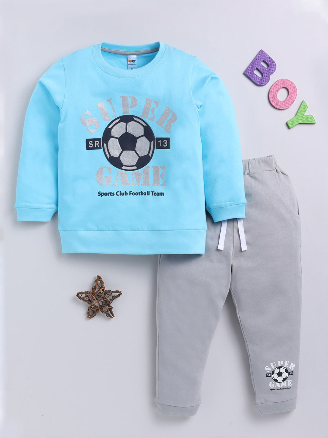 

LITTLE NINJA Boys Printed Pure Cotton T-shirt with Trousers, Blue