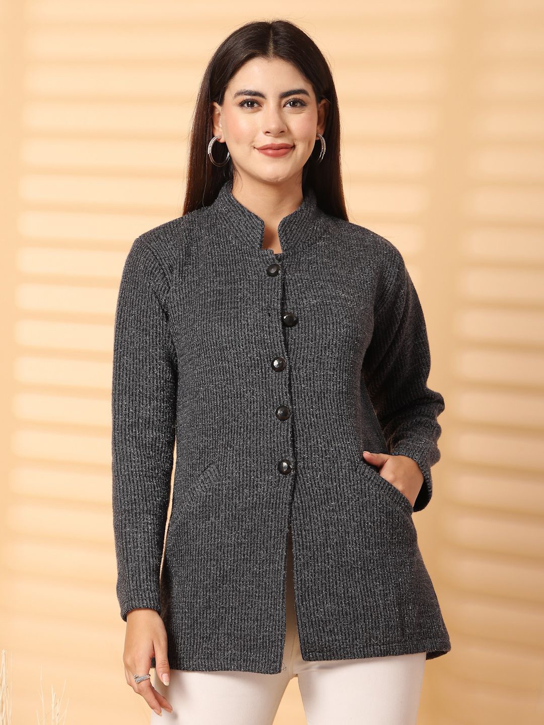

Clora Creation Women Striped Woollen Longline Cardigan, Black