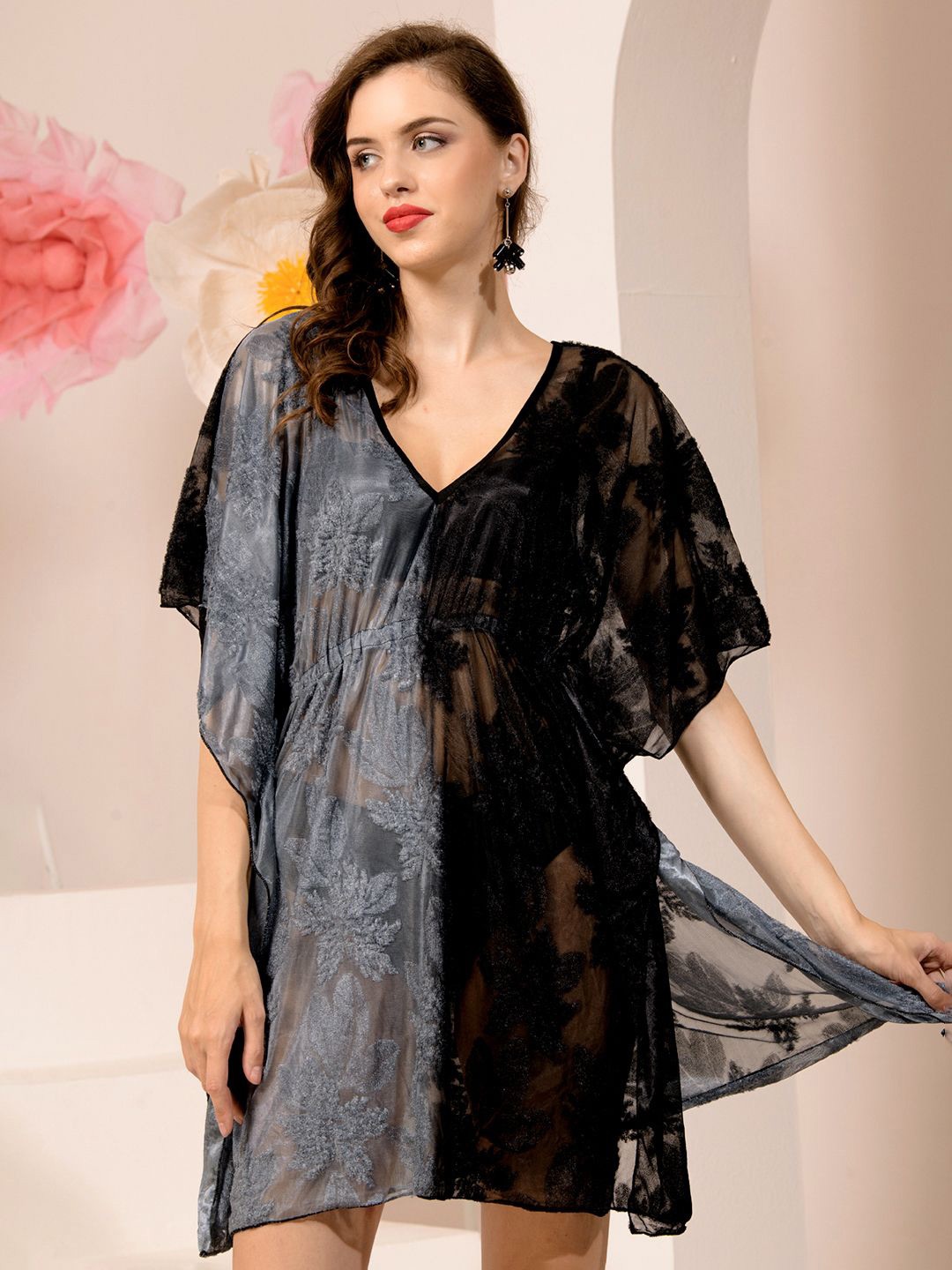 

TANDUL Floral Self Design Extended Sleeves Semi Shree Kaftan Mini Dress, Black