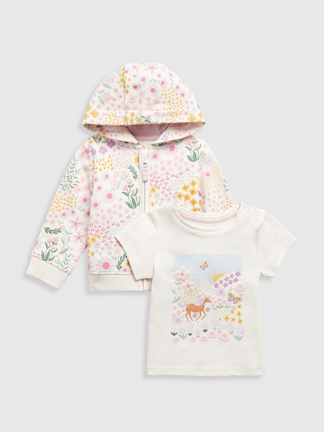 

mothercare Girls Antimicrobial Floral Printed Hood Cotton Front-Open Sweatshirt, Cream