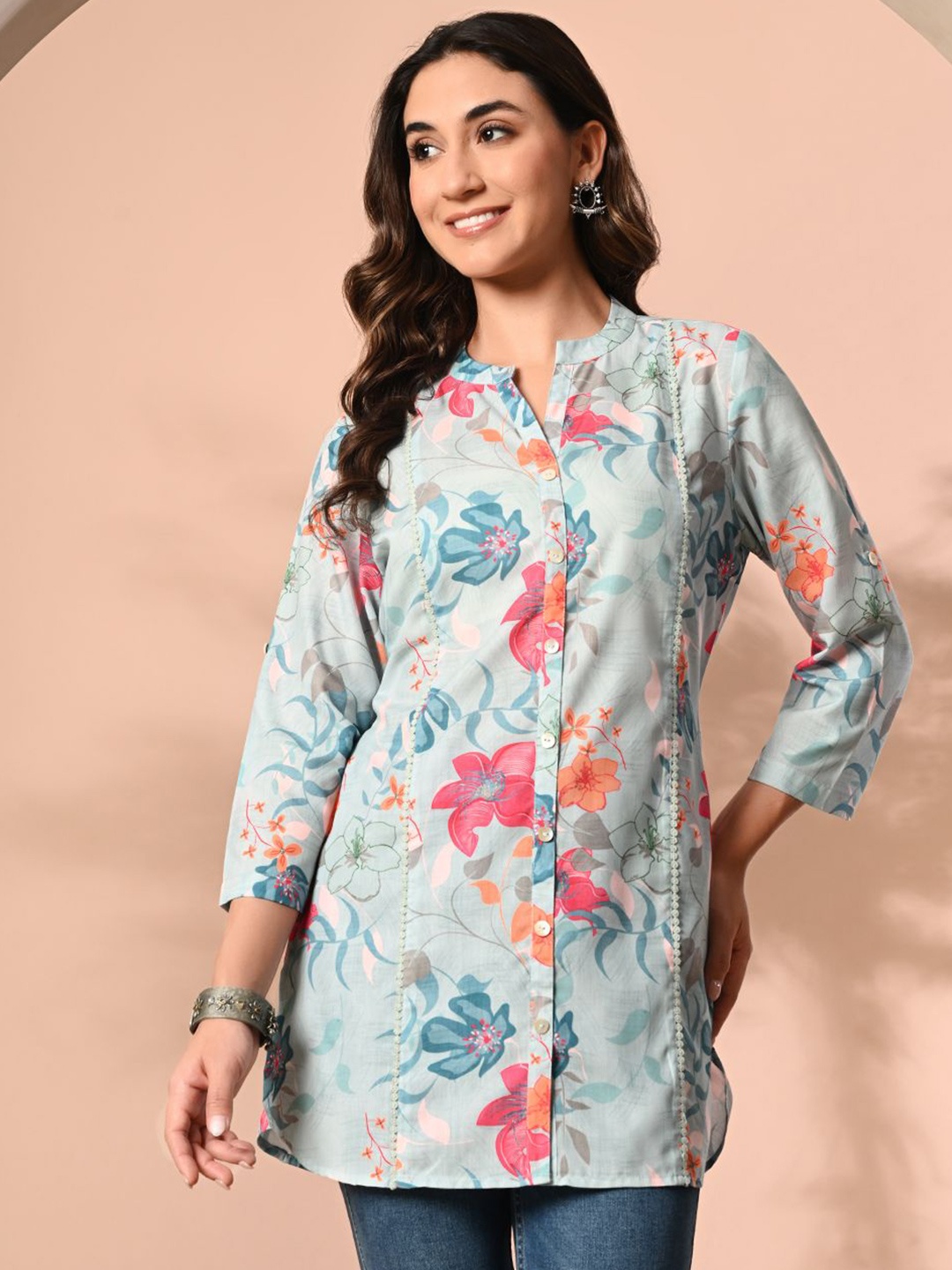 

MEESAN Mandarin Collar Printed Tunic, Blue