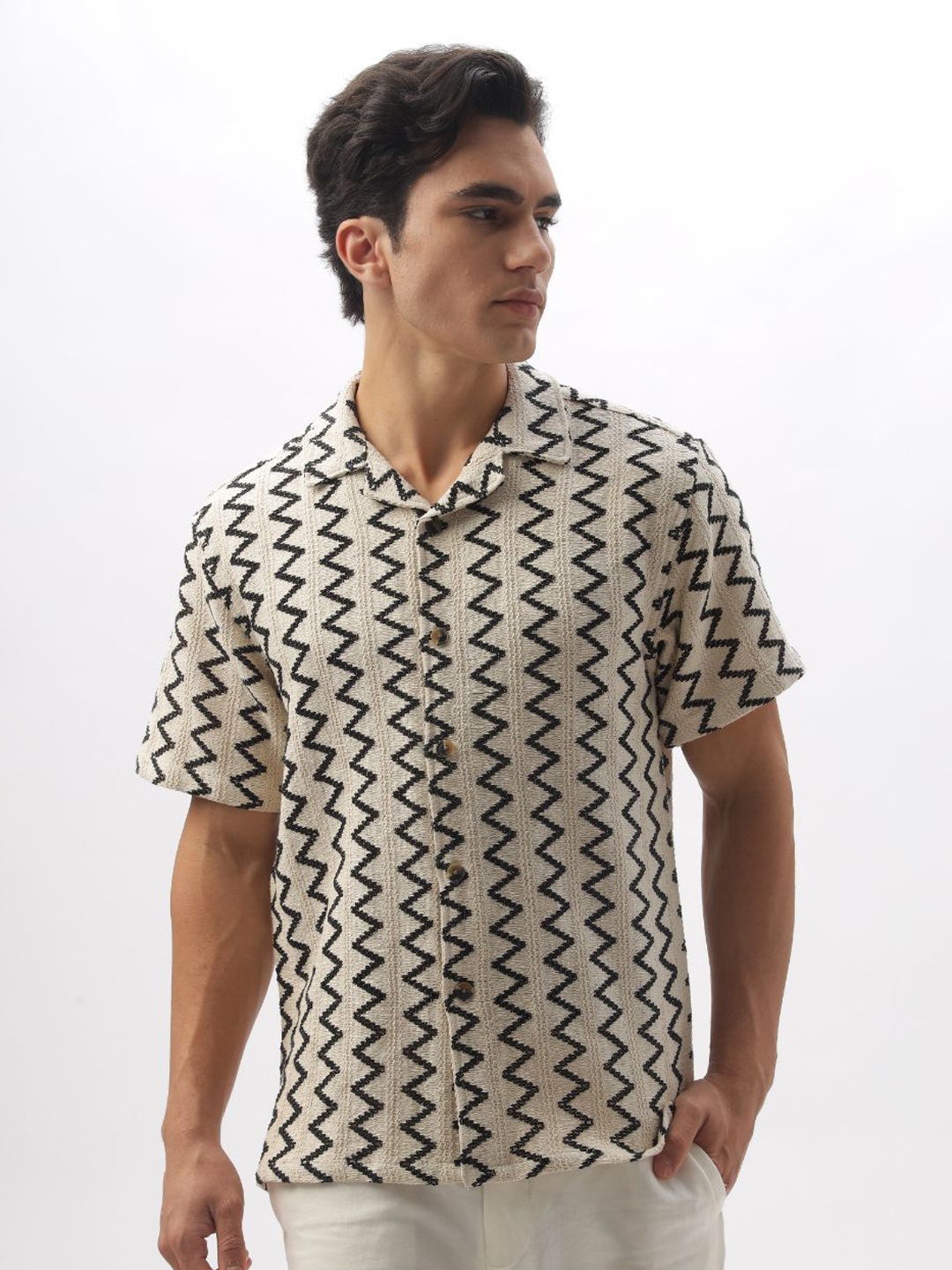 

HAMPTONS Crochet Knitted Cotton Casual Shirt, Cream