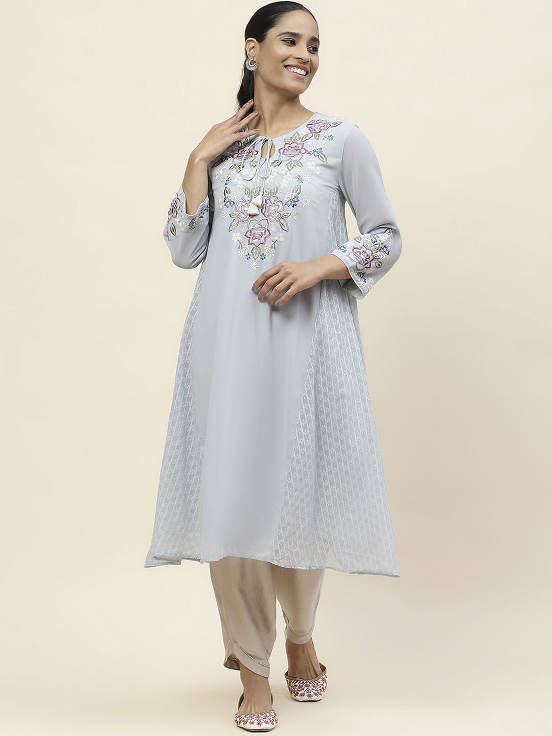 

Lakshita Floral Embroidered Sequinned Tie-Up Neck Georgette A-Line Kurta, Blue