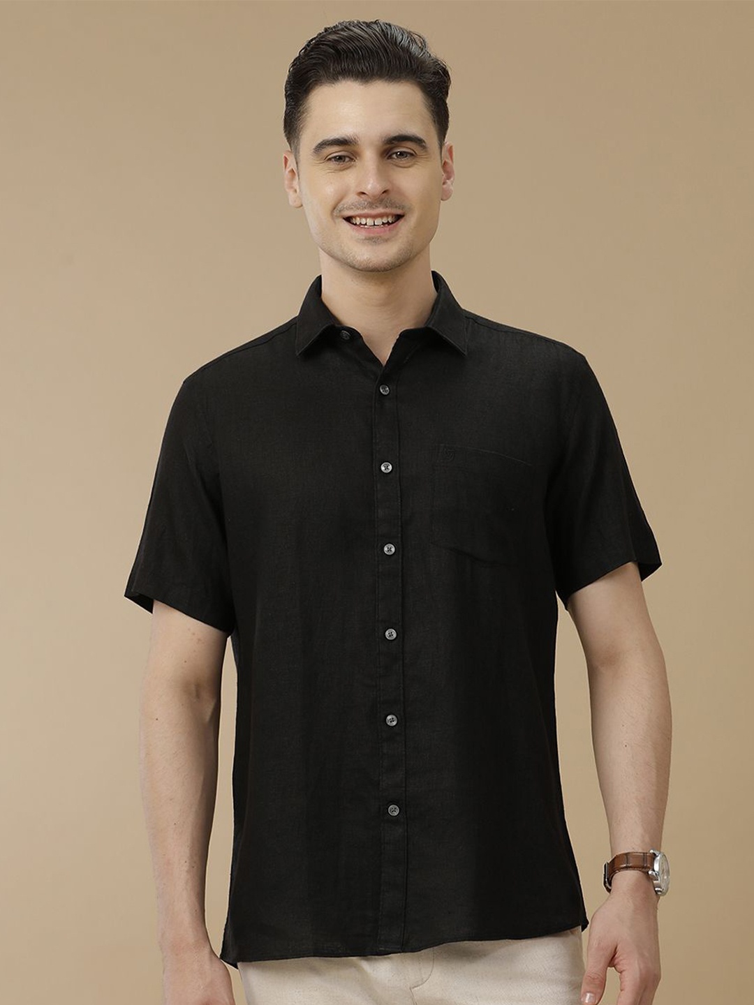 

Linen Club Men Contemporary Spread Collar Solid Slim Fit Casual Shirt, Black