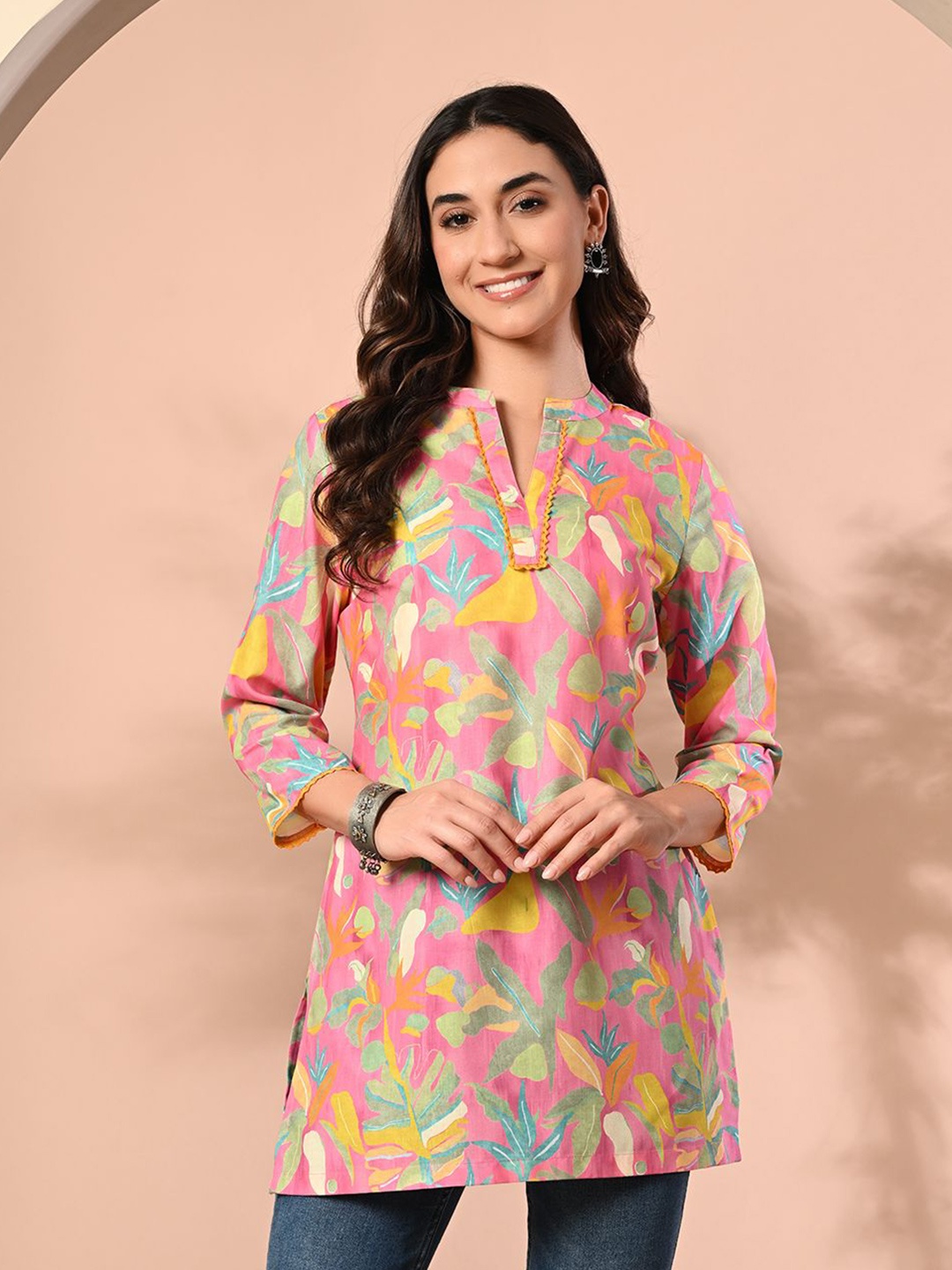 

MEESAN Women Printed Mandarin Collar Tunic, Pink