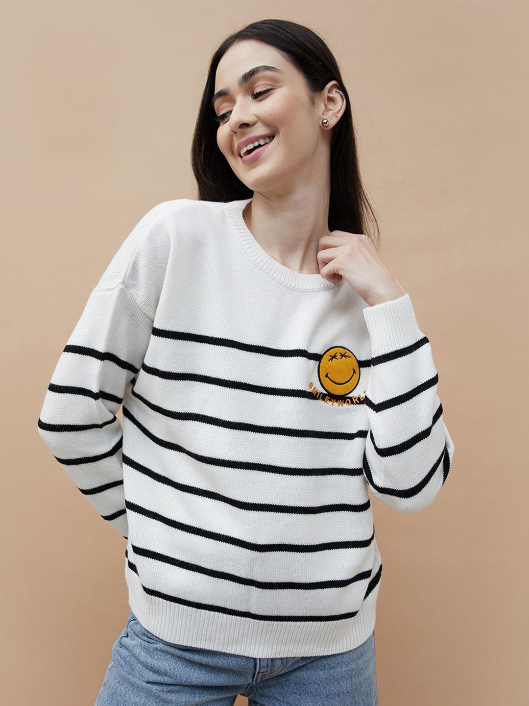 

SmileyWorld Women Smiley Striped Round Neck Pullover Sweatshirt, White