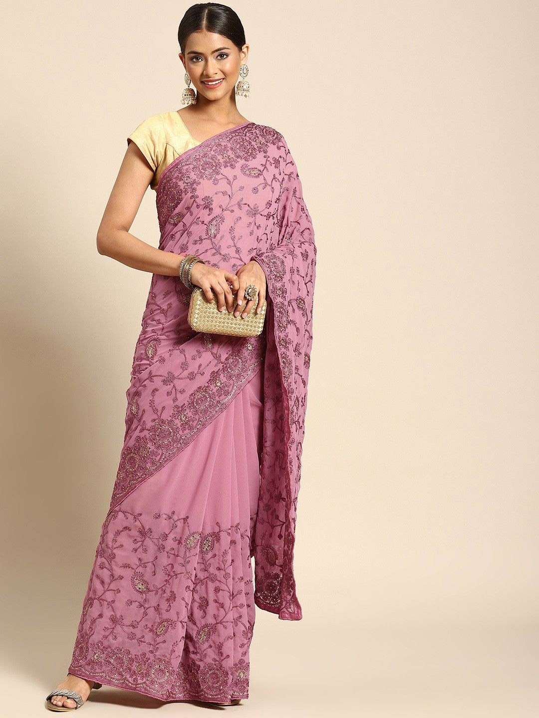 

Anouk Floral Beads and Stones Poly Georgette Saree, Pink