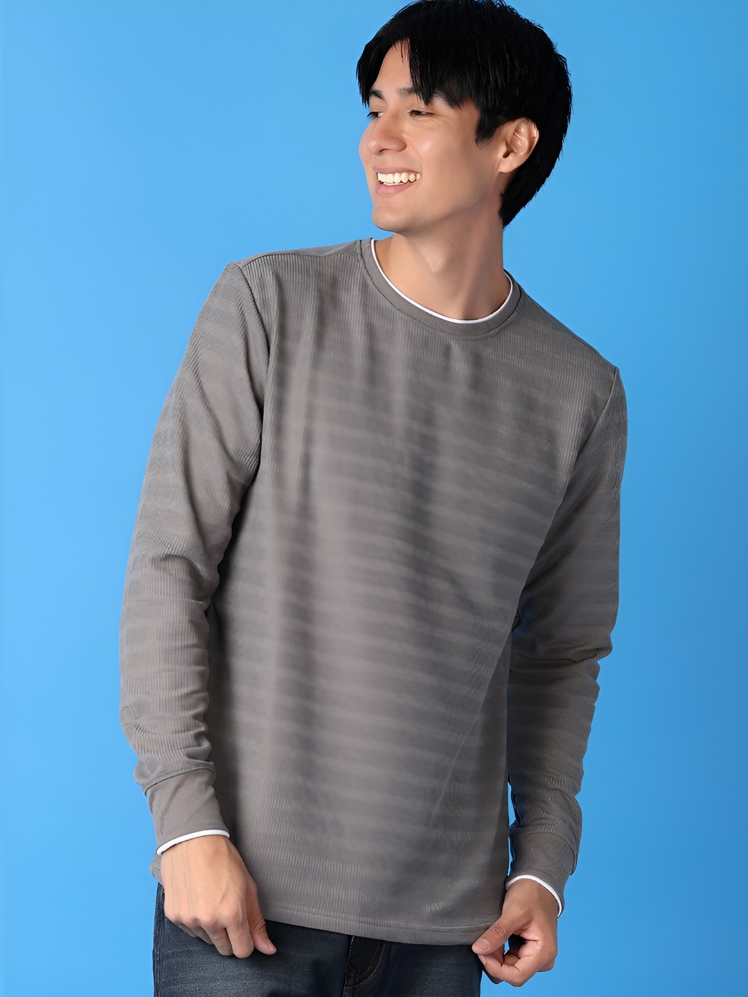 

V-Mart Men Striped Round Neck Cotton Slim Fit T-shirt, Grey