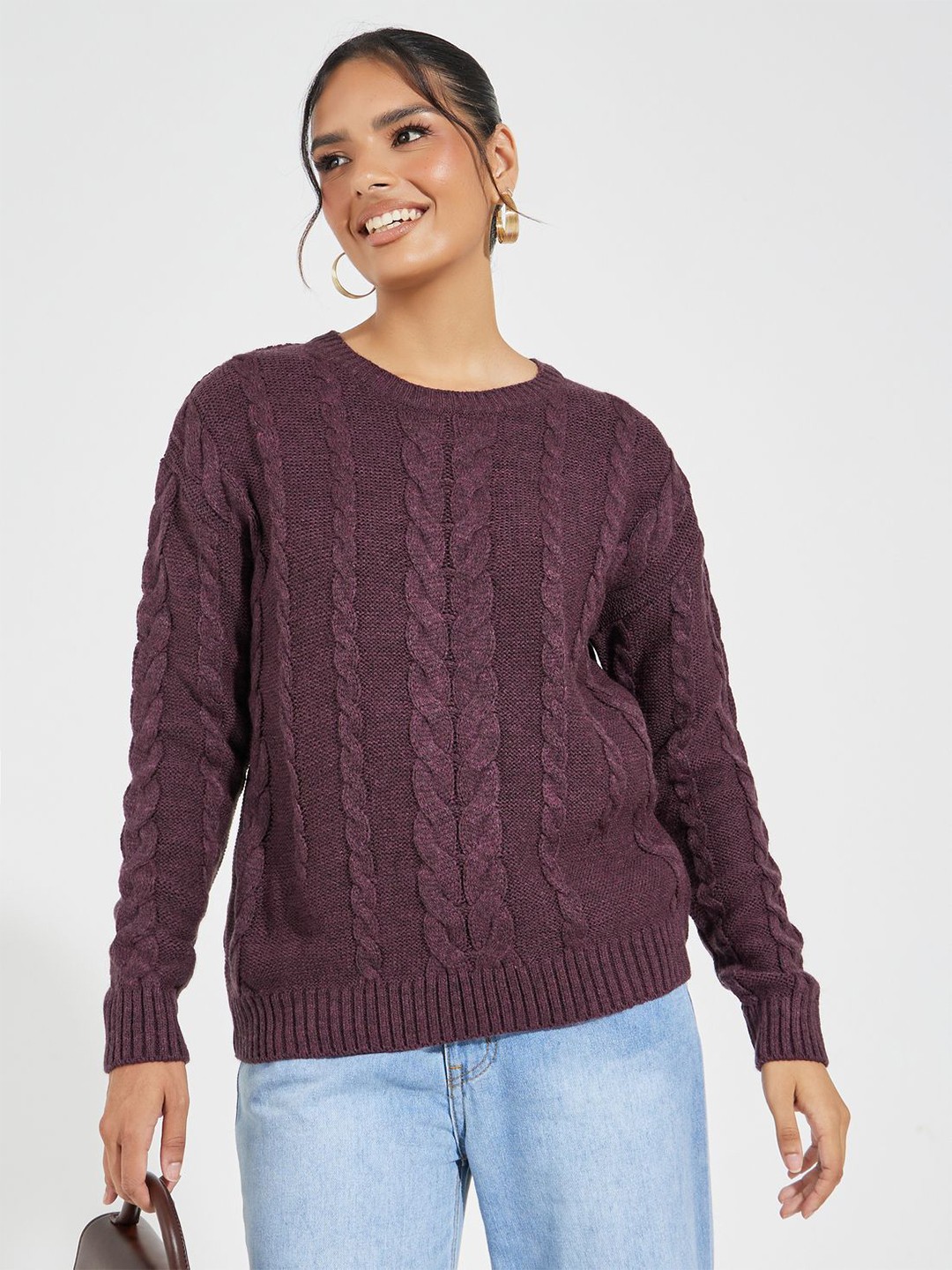 

Styli Women Long Length Regular Fit Cable Knit Jumper, Purple