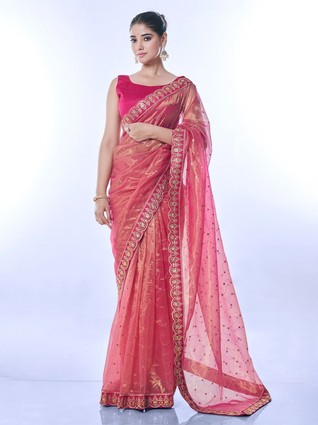 

Krimmple Floral Embroidered Net Fusion Saree, Pink