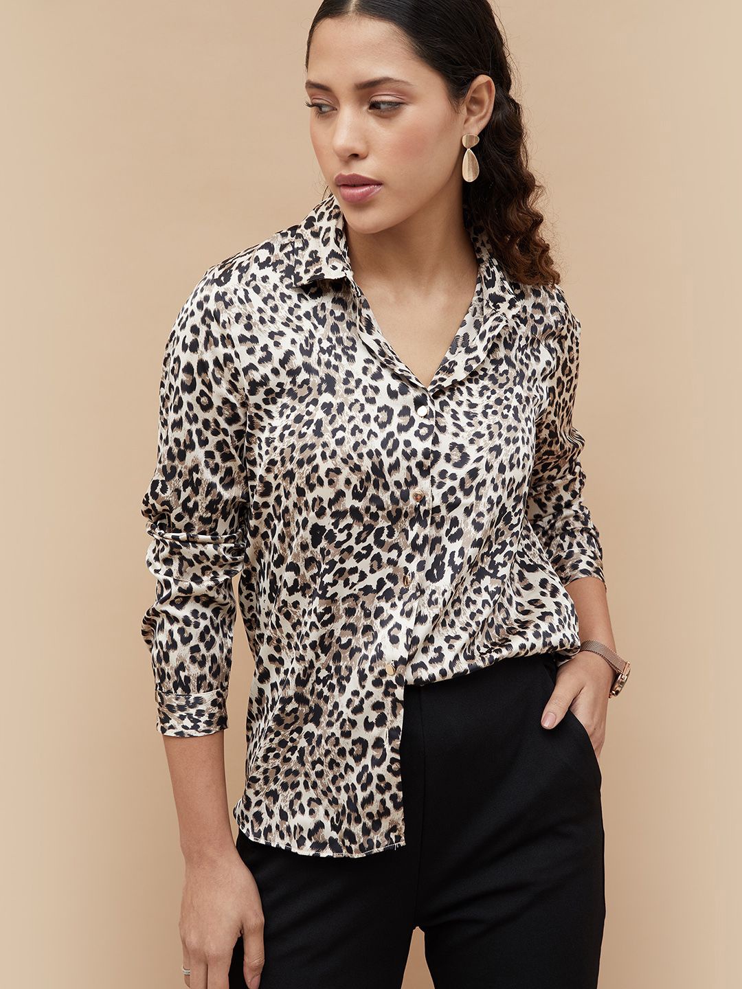 

CODE by Lifestyle Women Animal Printed Shirt Collar Top, Beige