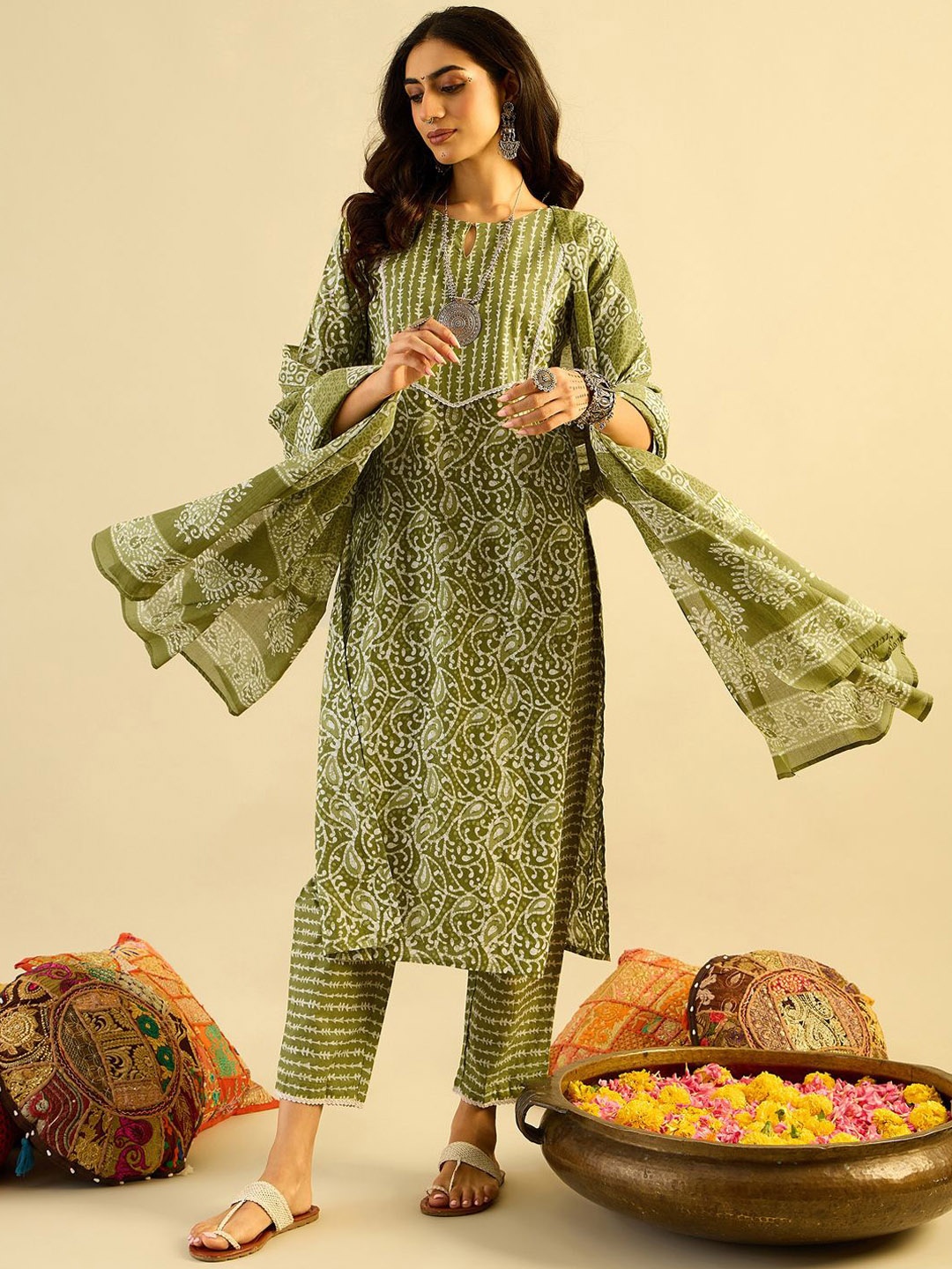 

Indo Era Ethnic Motifs Printed Keyhole Neck Pure Cotton Kurta With Trousers & Dupatta, Green
