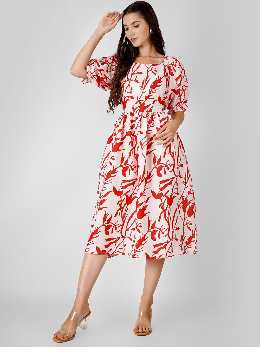 

PARNAVI Women Floral Print Puff Sleeve Fit & Flare Midi Dress, Orange