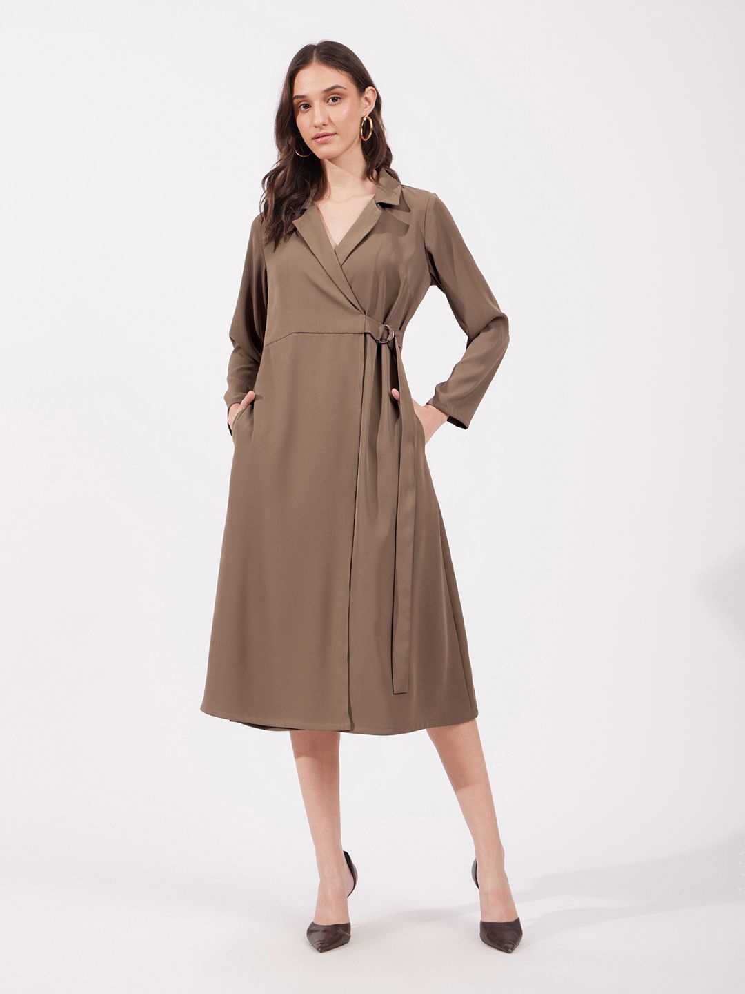 

FableStreet V-Neck Formal Midi Wrap Dress with Belt, Brown