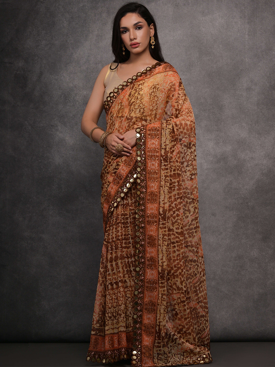 

Krimmple Mirror Work Pure Georgette Saree, Coffee brown