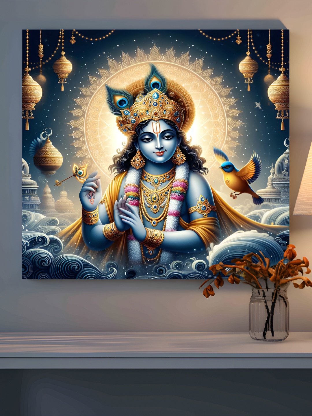 

SAF Blue & Gold-Toned Wooden Canvas God Krishna Religious Wall Art