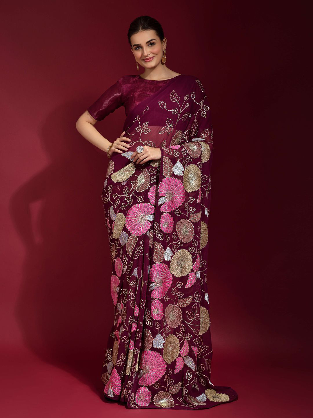 

Krimmple Floral Embroidered Pure Georgette Fusion Saree, Purple