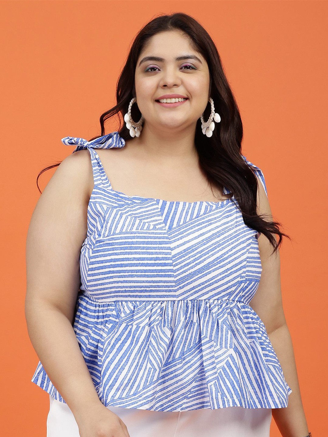 

Toodle Plus Women Plus Size Striped Cotton Peplum Top, Blue