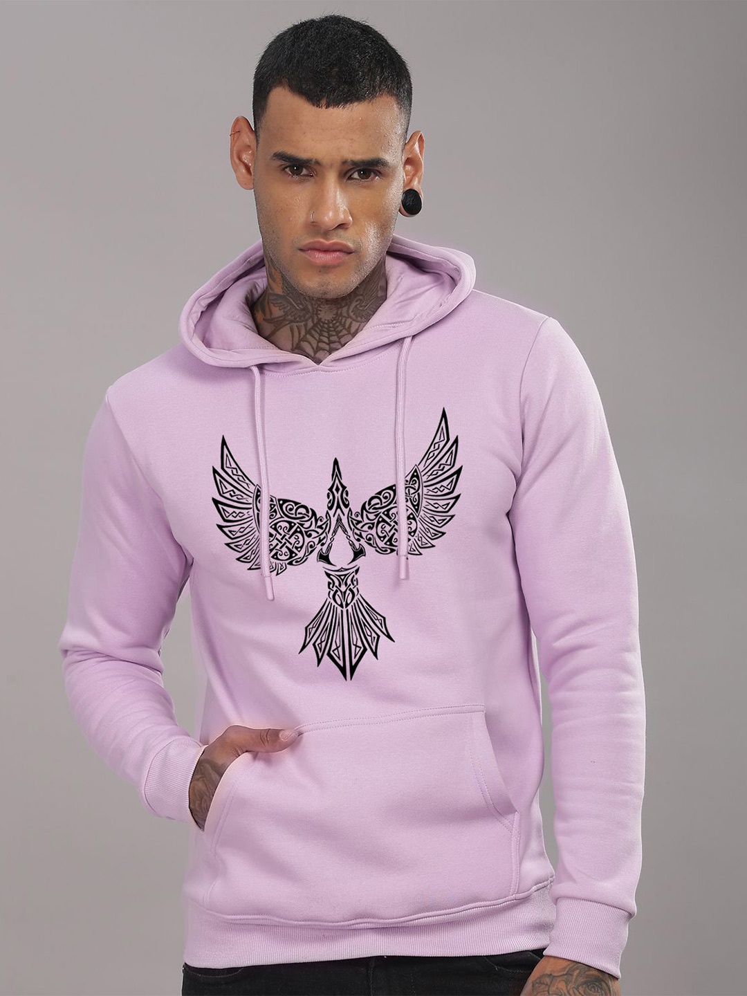 

ADRO Men Cotton Printed Long Sleeves Hooded neck Kangaroo Pocket Sweatshirt, Lavender