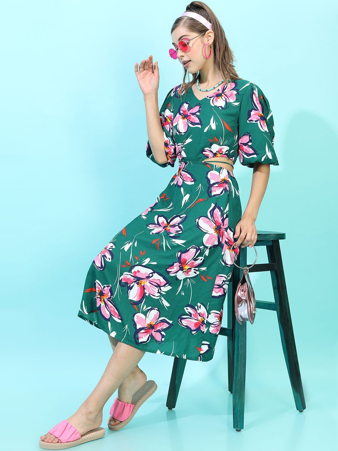 

Tokyo Talkies Floral Print Flared Sleeve A-Line Midi Dress, Green