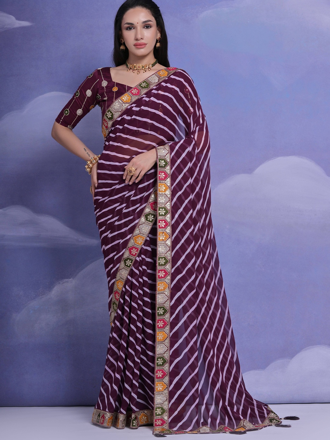 

Krimmple Leheriya Sequinned Pure Georgette Saree, Purple