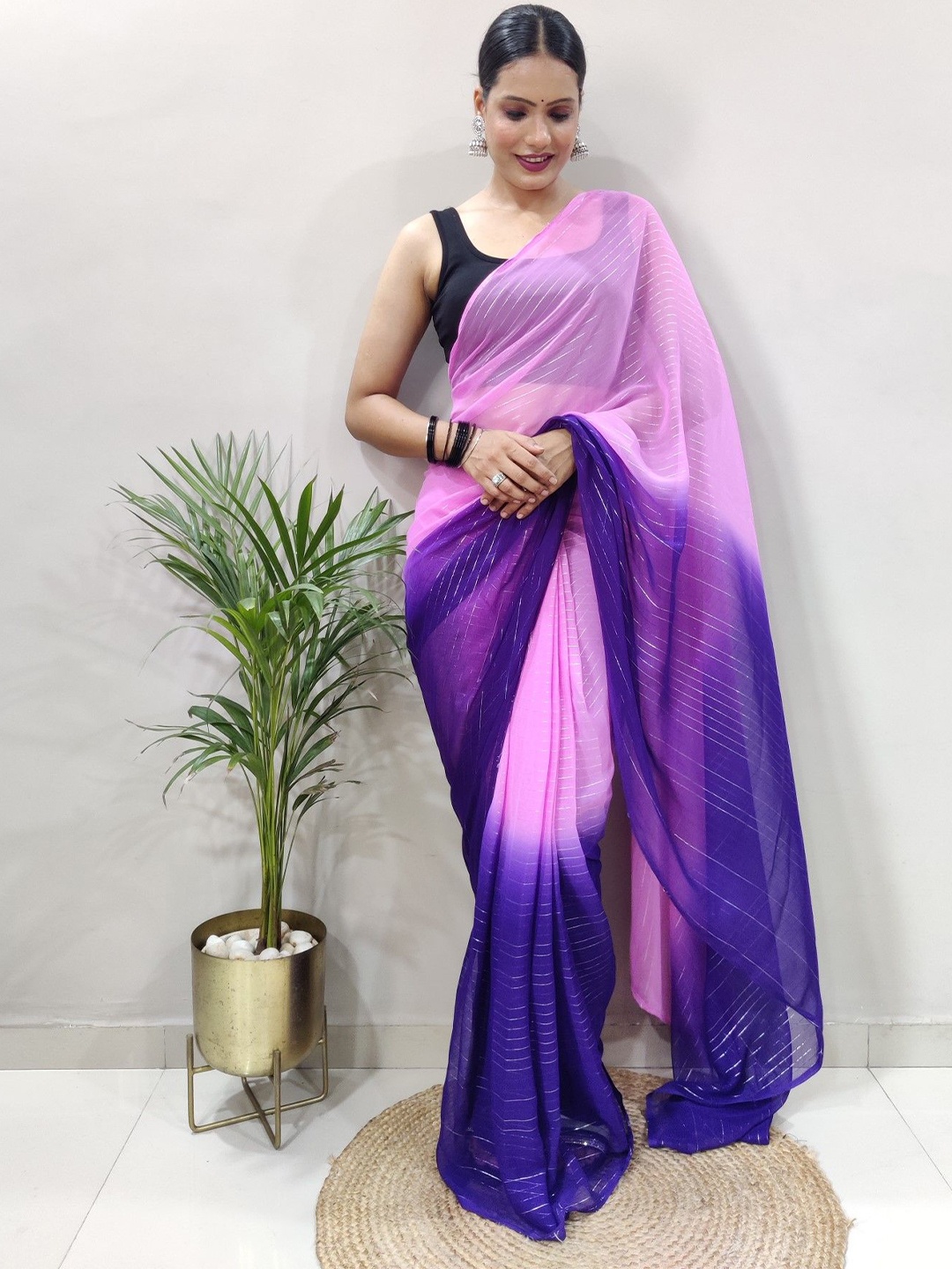 

LeeliPeeri Designer Striped Ready to Wear Saree, Pink