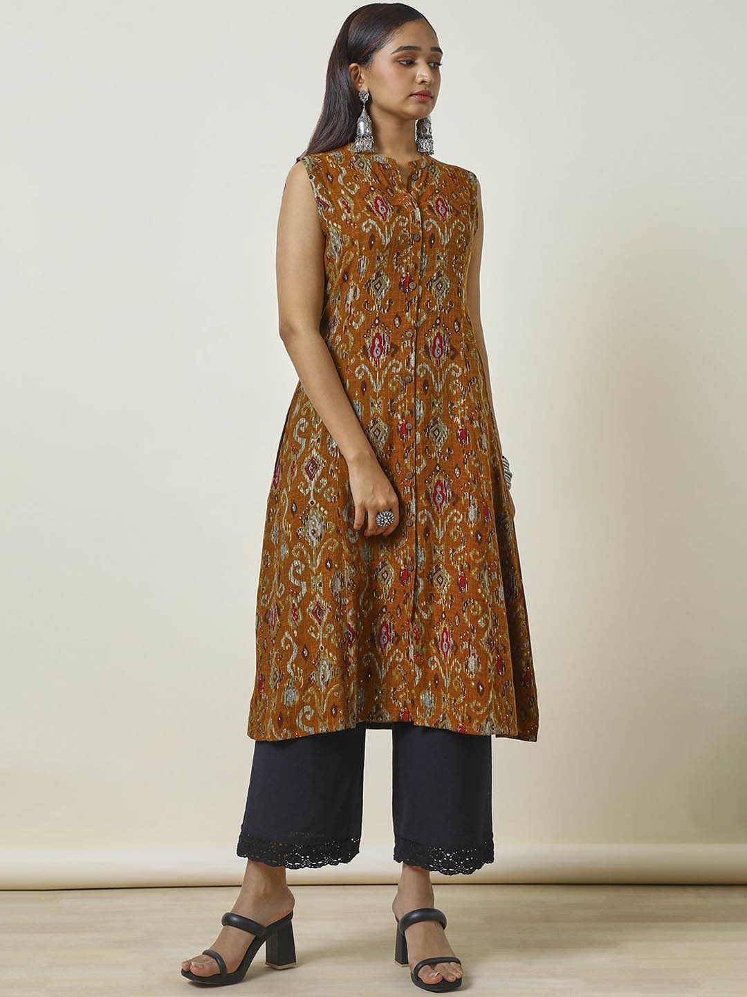 

Soch Ethnic Motifs Printed Mirror Work Straight Kurta, Mustard