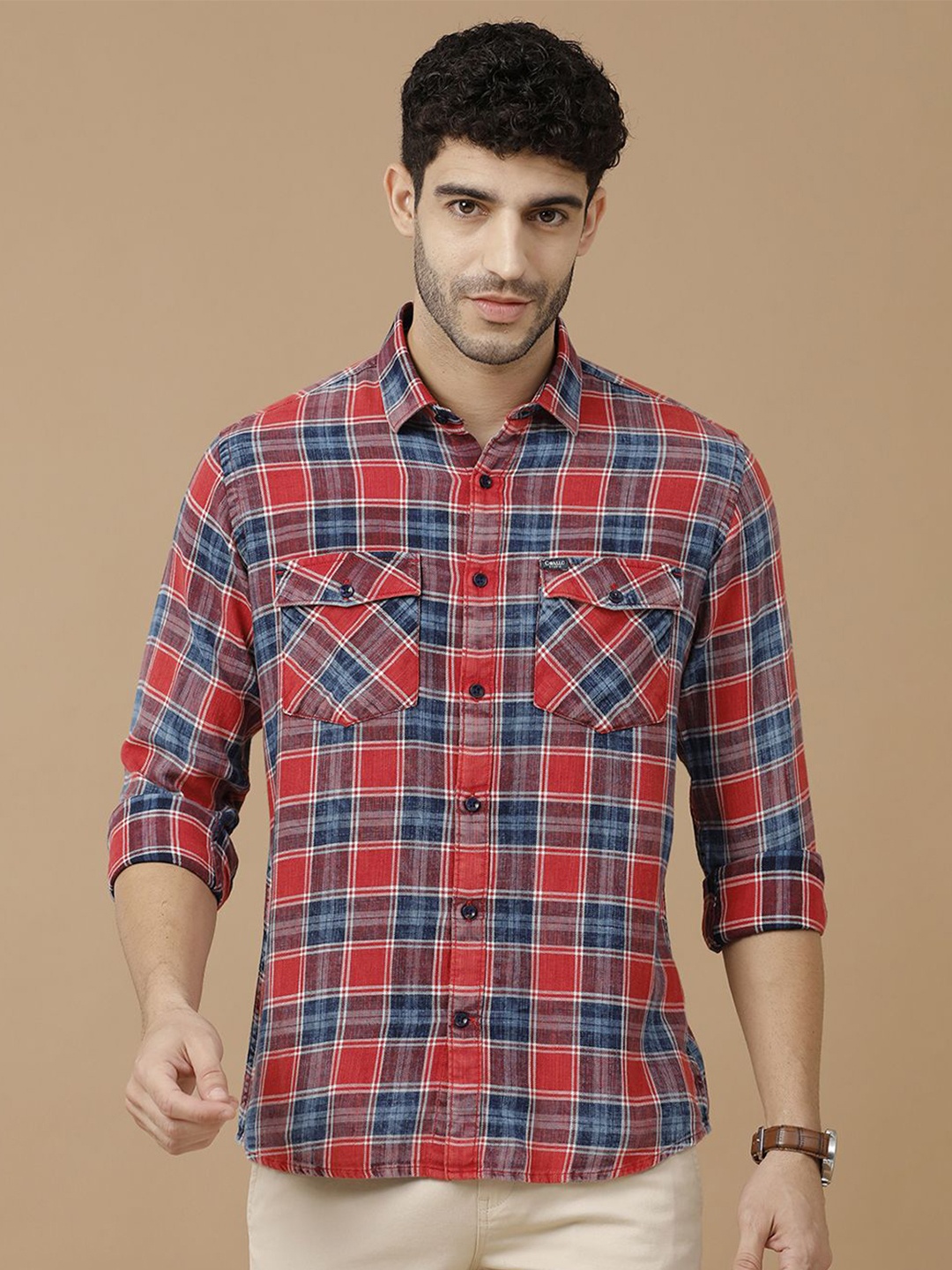 

CAVALLO by Linen Club Men Contemporary Slim Fit Tartan Checks Opaque Checked Casual Shirt, Red