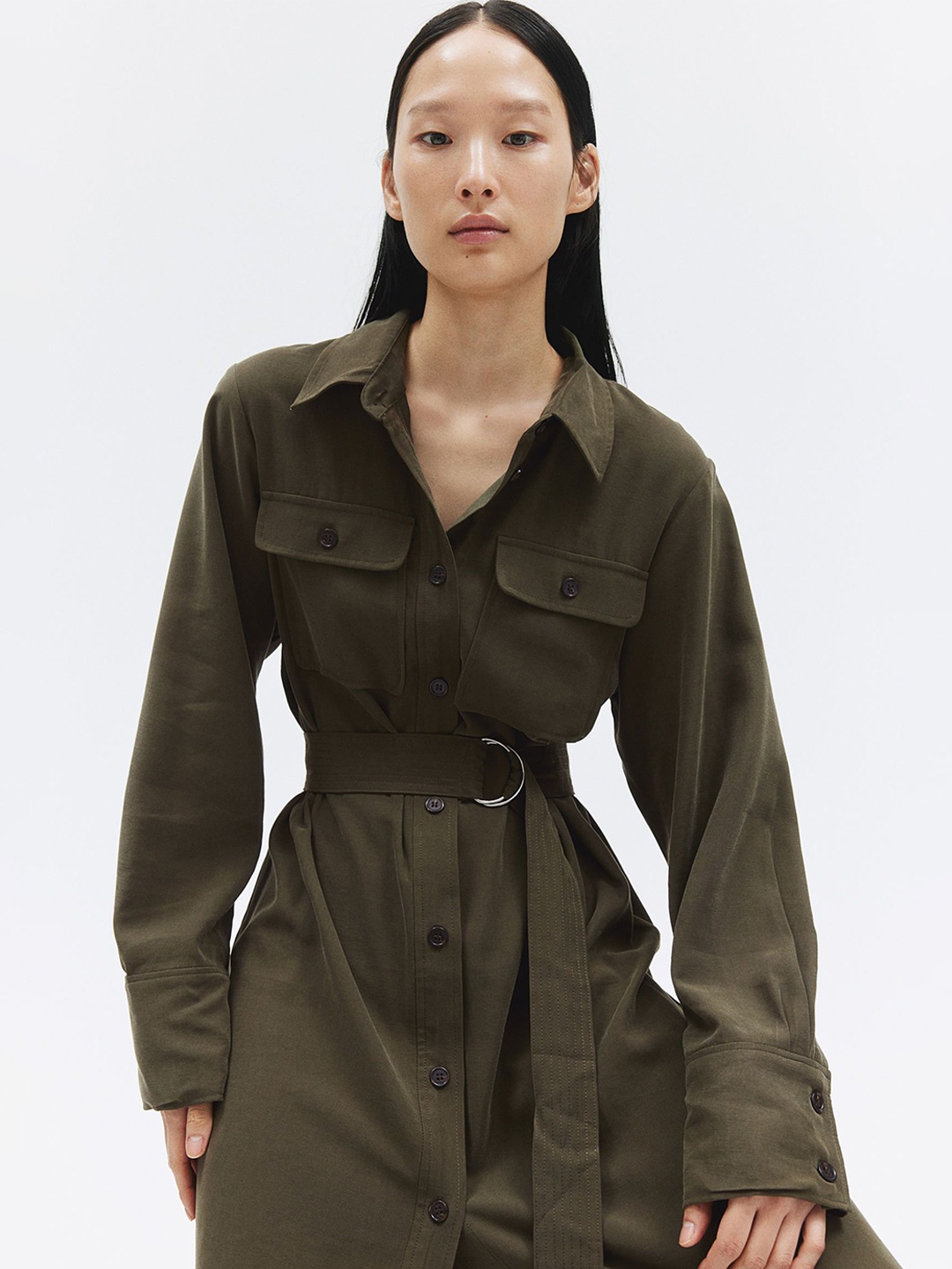 

H&M Women Belted Shirt Dress, Green