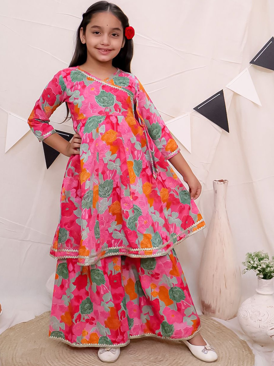 

Ka-mee Girls Floral Printed Gotta Patti Pure Cotton Kurta with Sharara, Pink