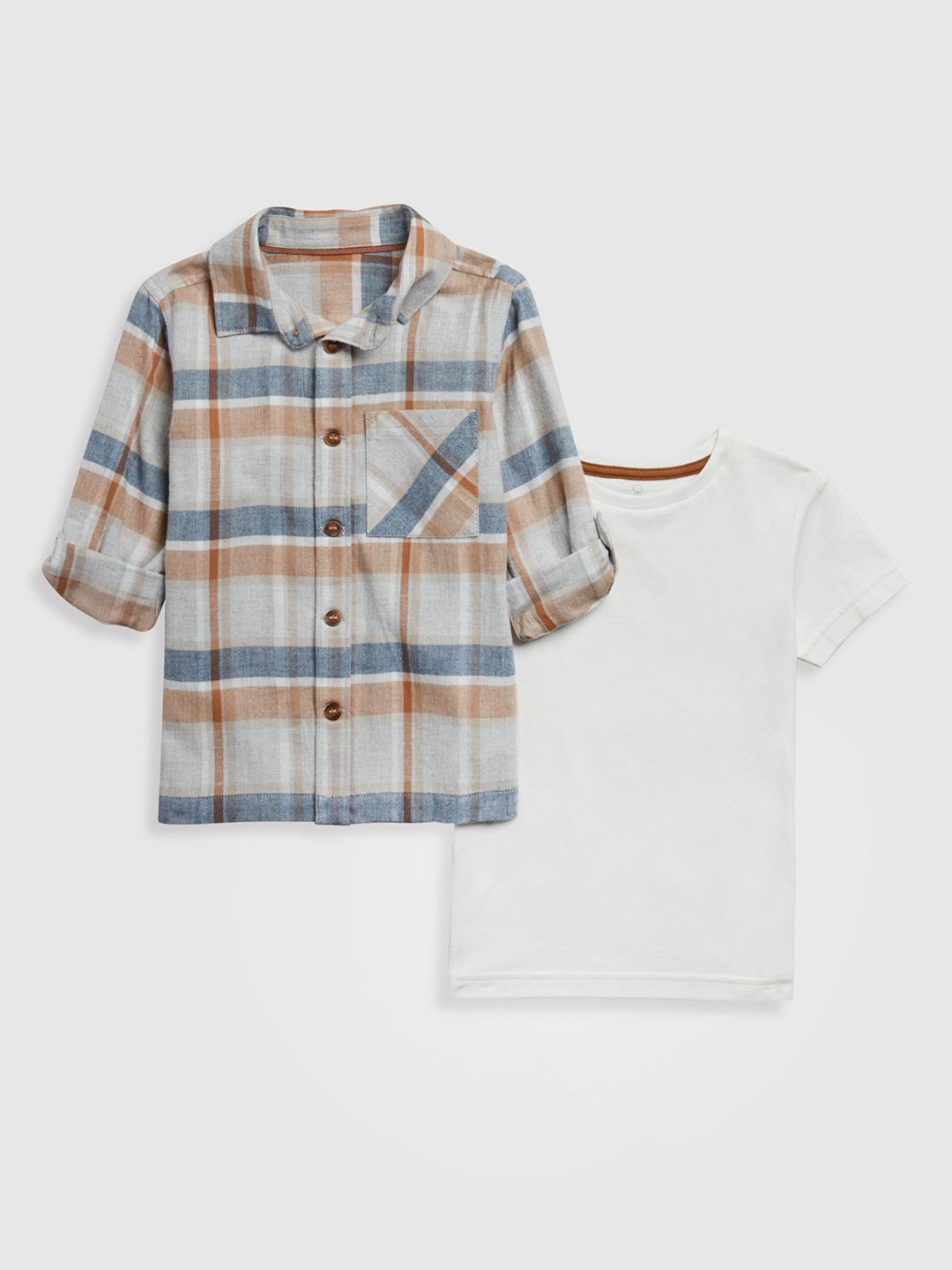 

mothercare Boys Pure Cotton Checked Shirt & T-Shirt Set, Grey