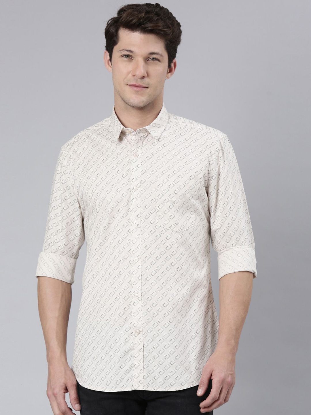 

Classic Polo Men India Slim Fit Geometric Printed Pure Cotton Casual Shirt, Beige
