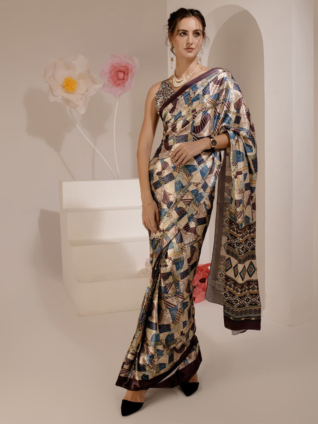 

BAESD Abstract Printed Pure Silk Saree, Brown