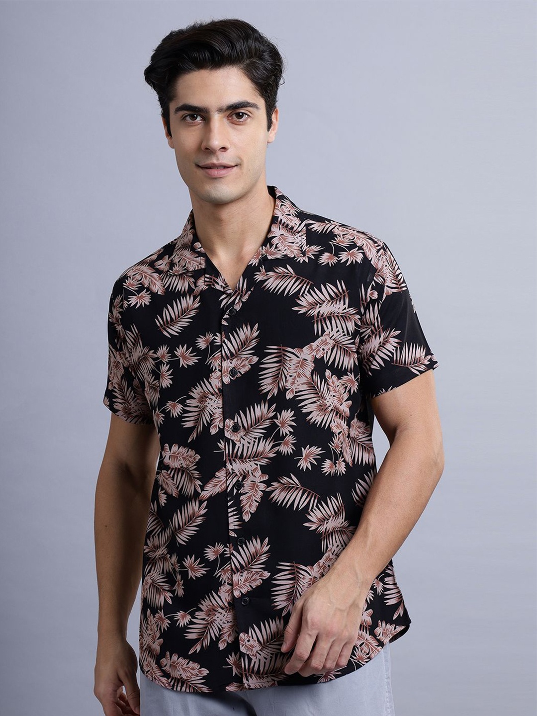 

N AND J Men Classic Fit Floral Printed Cotton Casual Shirt, Black