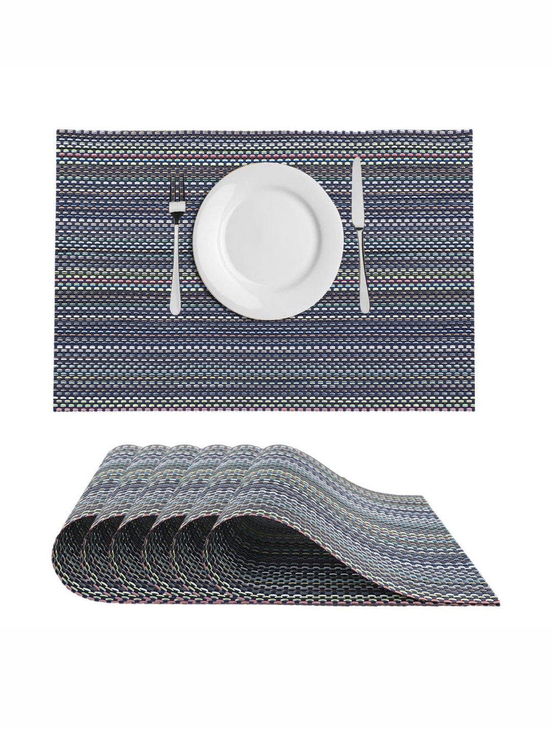 

LooMantha Grey & Blue 6 Pieces Striped Rectangle Shape Table Placemats