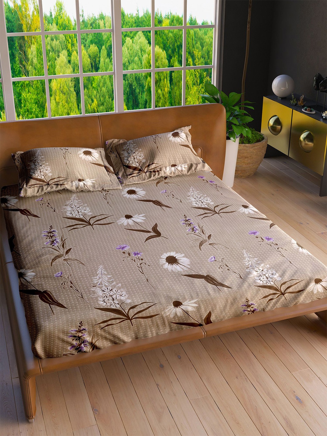 

LABHAM Beige & White Floral Cotton 160 TC King Bedsheet with 2 Pillow Covers