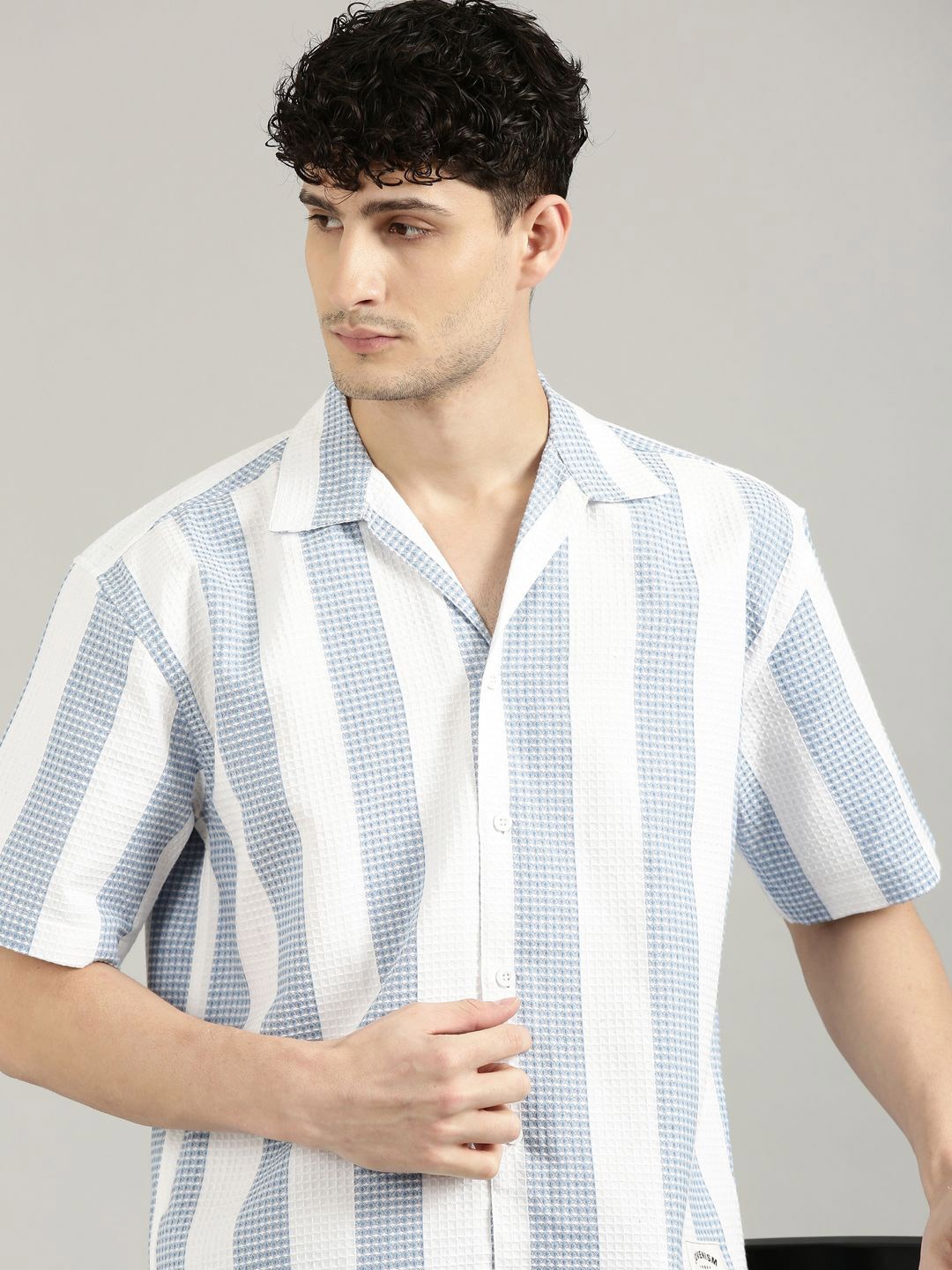 

Joven Men Cuban Collar Textured Cotton Oversized Casual Shirt, Blue