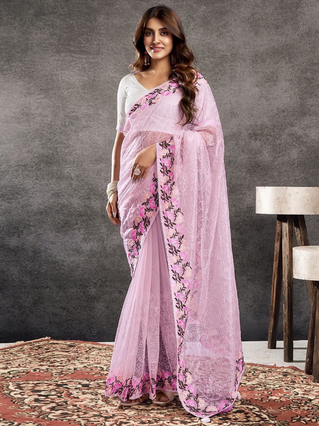 

Mitera Ethnic Motifs Beads and Stones Net Heavy Work Saree, Pink