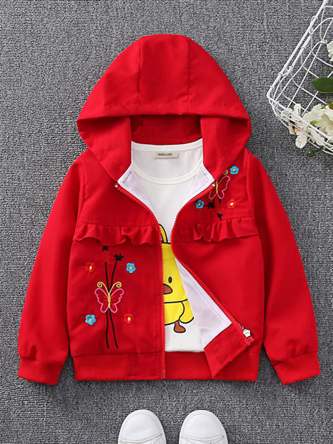 

INCLUD Girls Hooded Neck Self Design Open Front Embroidered Jacket, Red