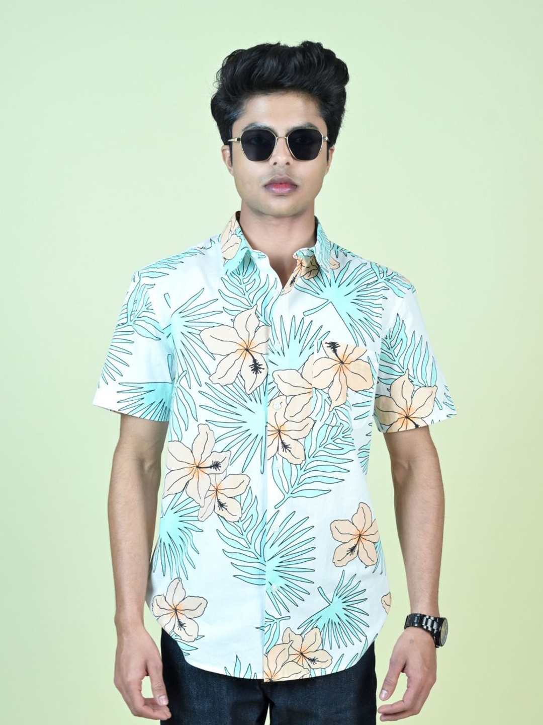

MARC JOBBS Men Comfort Spread Collar Floral Printed Cotton Casual Shirt, White