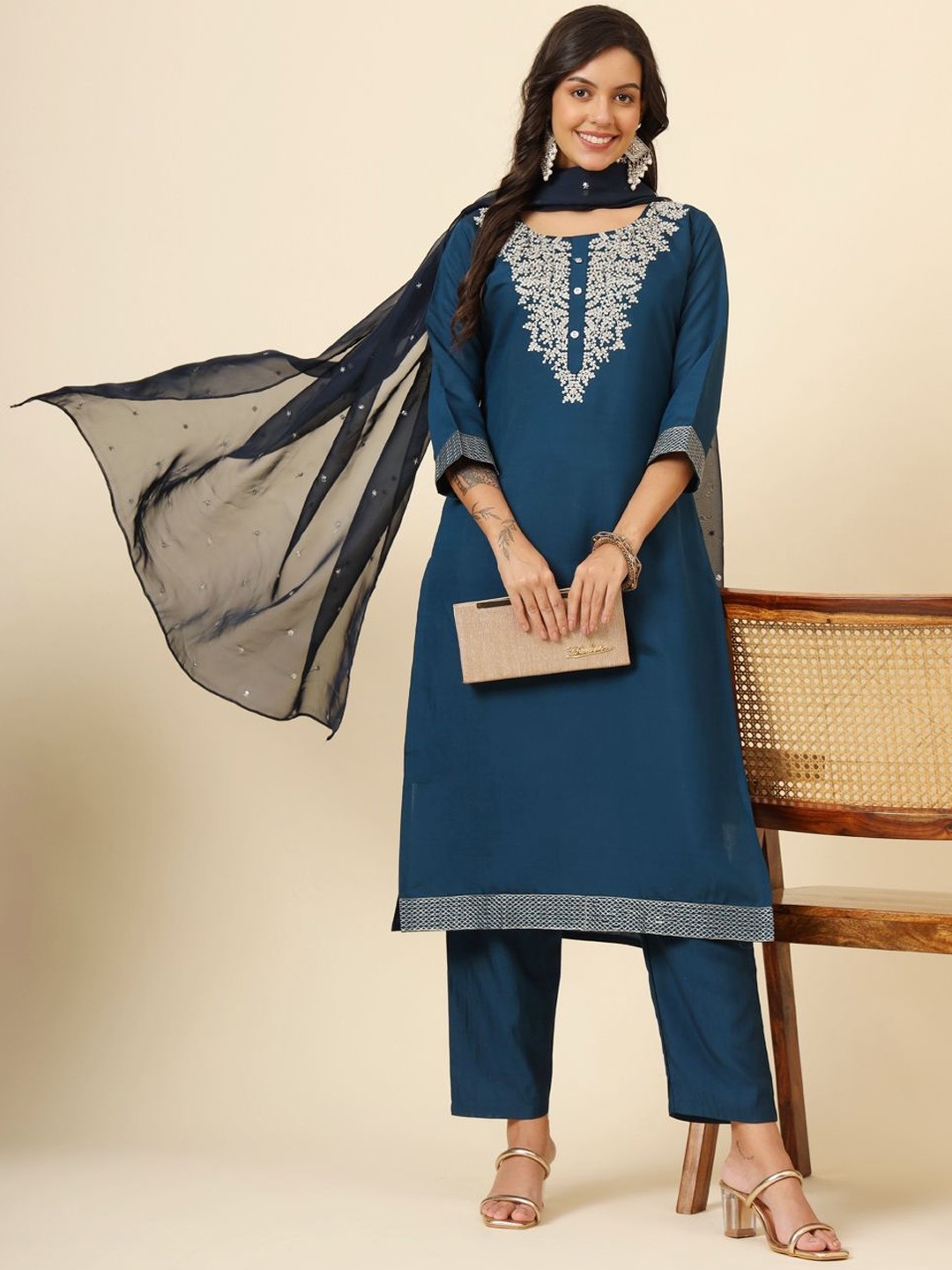 

VAIRAGEE Floral Yoke Design Regular Thread Work Kurta With Trousers & Dupatta, Blue
