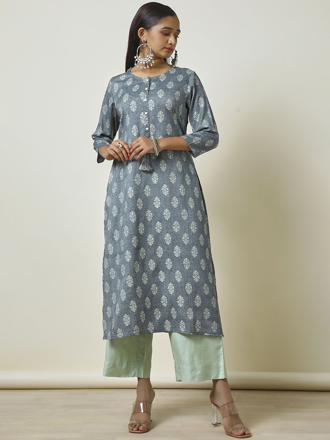 

Soch Ethnic Motifs Printed Thread Work Straight Kurta, Grey