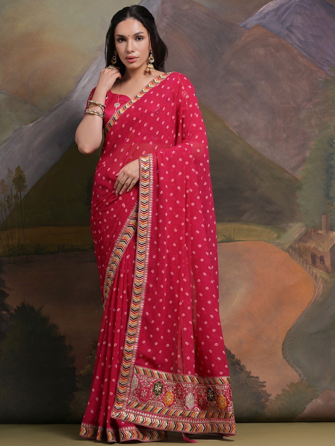 

Krimmple Bandhani Embroidered Pure Georgette Saree, Pink