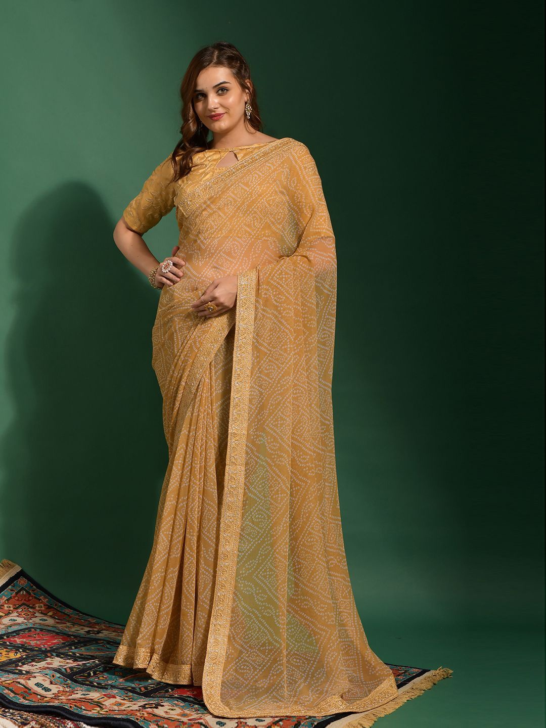 

Krimmple Bandhani Sequinned Pure Georgette Saree, Beige