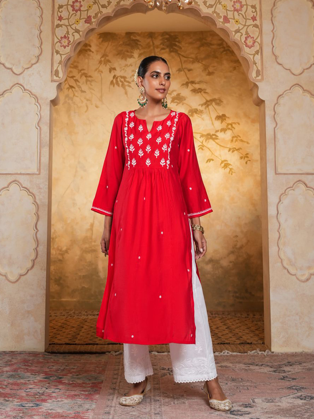 

House of Chikankari Floral Embroidered Thread Work Straight Kurta, Red