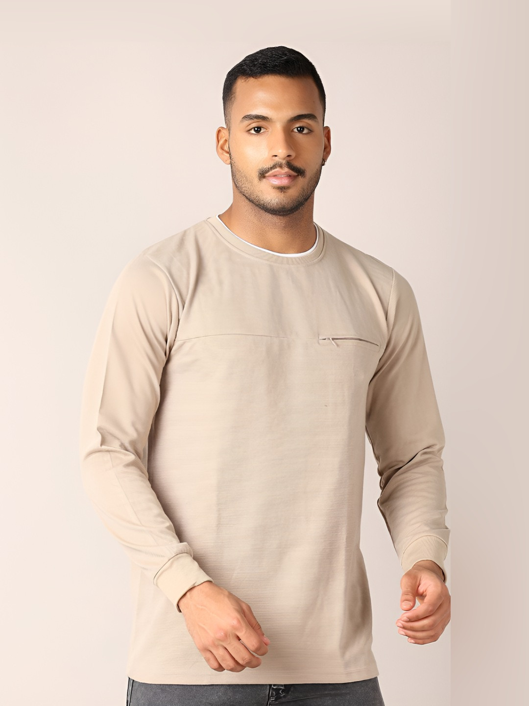

V-Mart Men Solid Round Neck Cotton T-shirt, Beige